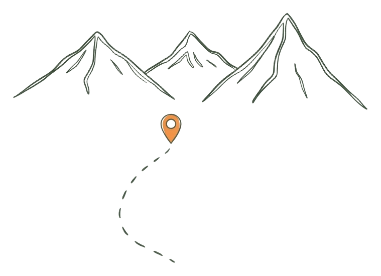 Sketchy line-art illustration of a winding trail through mountains, with a map pin marking the next waypoint